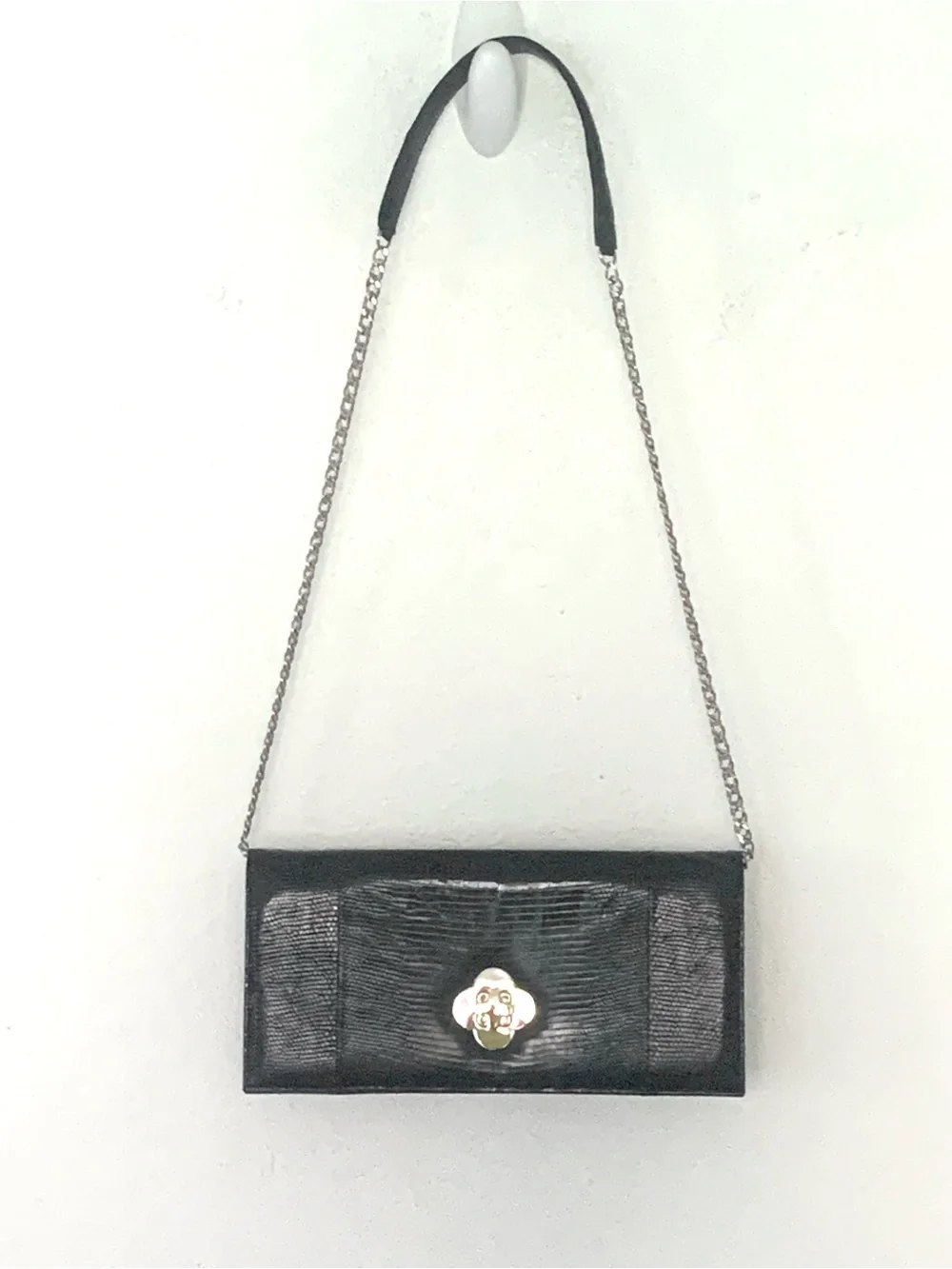 Women’s Black Classic Genuine Lizard Skin Chain Strap Shoulder Bag Made in USA